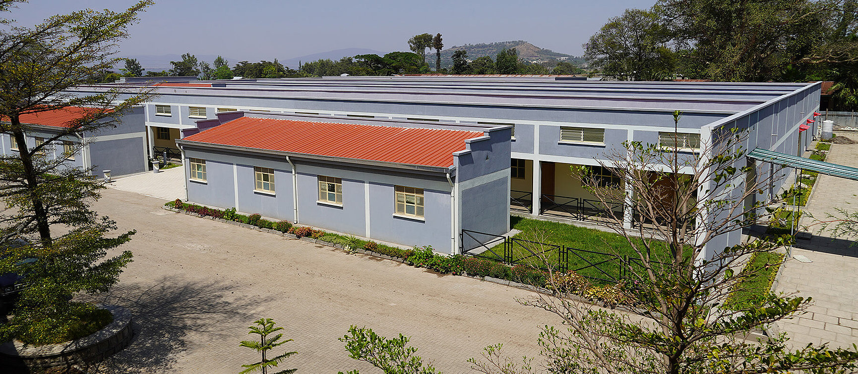 A large, light blue building, a hospital, with a red roof section stands in the middle of green spaces and paved walkways, with hills and trees under a clear sky in the background.