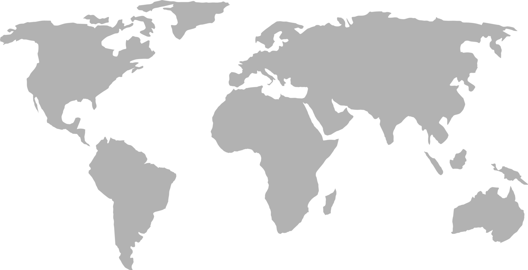 The grey silhouette of a world map shows all the continents on a white background, without borders, labels or additional details. 