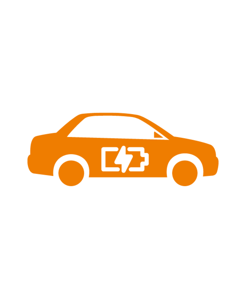 Orange-coloured car symbol with a battery and a lightning bolt symbol on the side, representing an electric vehicle. 